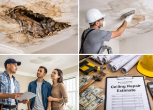 ceiling repair cost examples water damage and contractor work