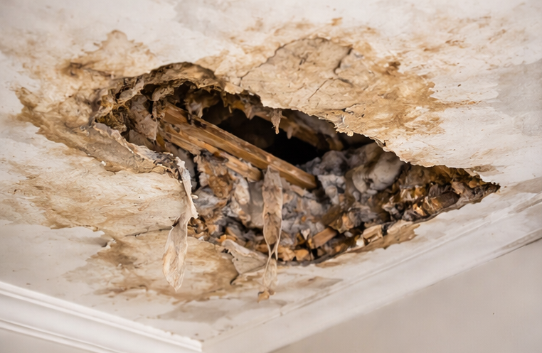 severe water damaged ceiling hole