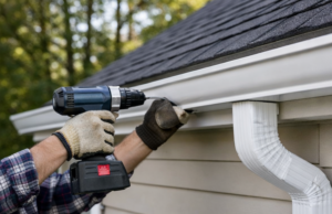 copper gutter installation on house roof
