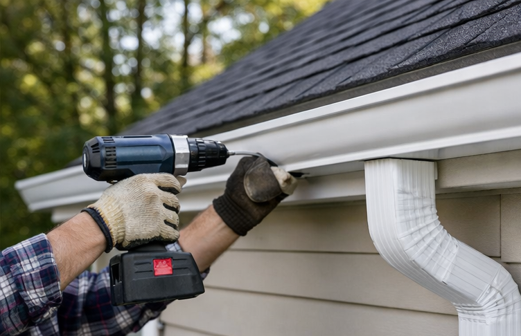 copper gutter installation on house roof