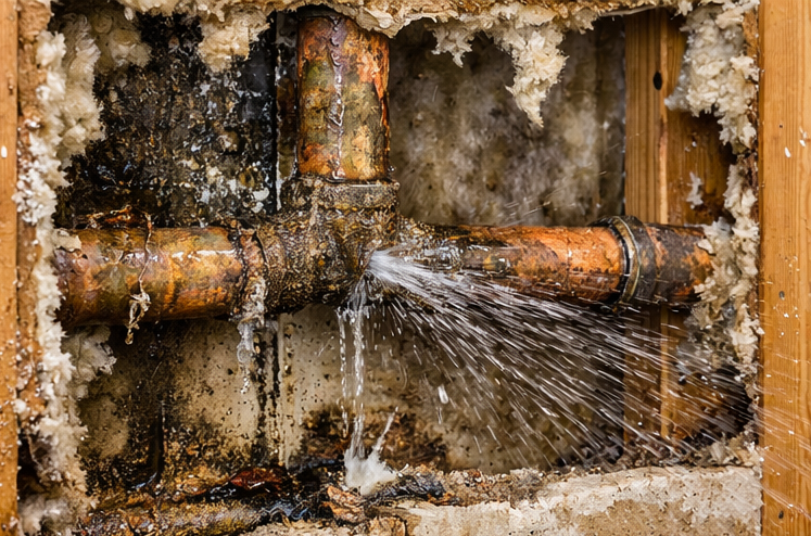 burst copper pipe leak inside wall