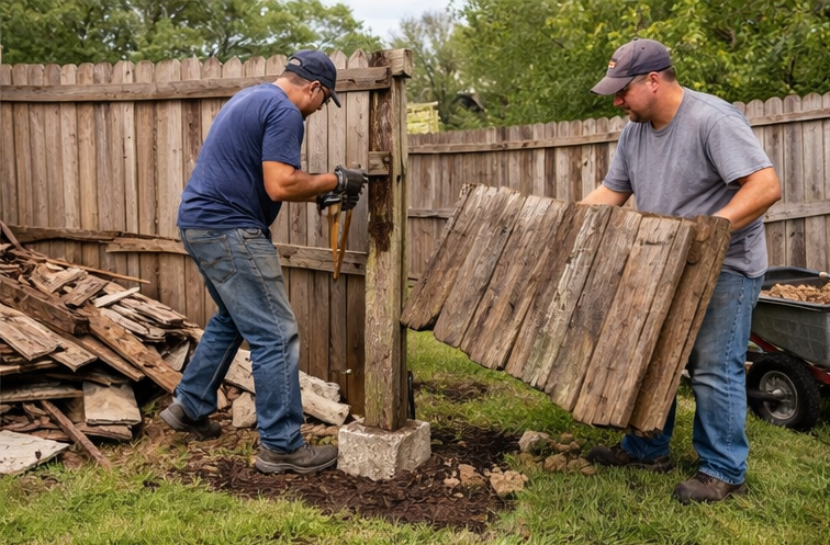 removing old wooden fence during replacement