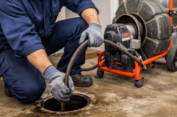 plumber clearing clogged drain with auger