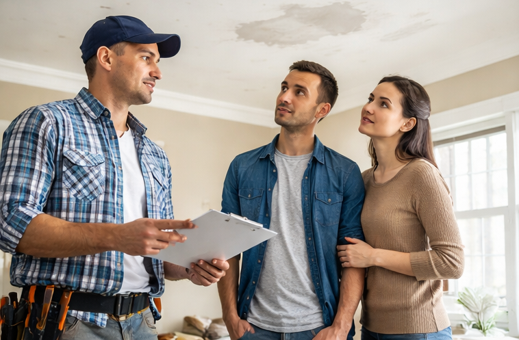 contractor discussing ceiling damage with homeowners