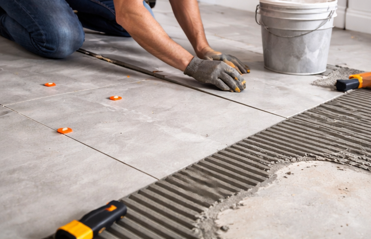 tile flooring installation with adhesive
