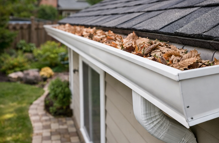aluminum gutter filled with leaves