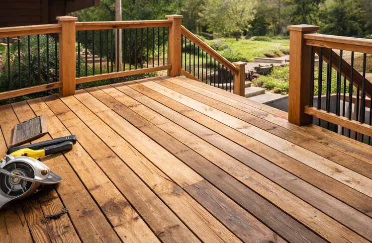 newly installed wooden deck boards