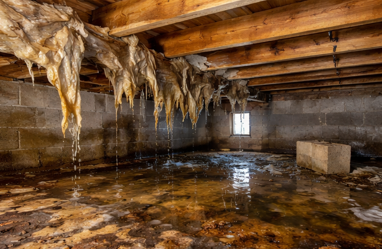 damaged crawl space insulation and standing water