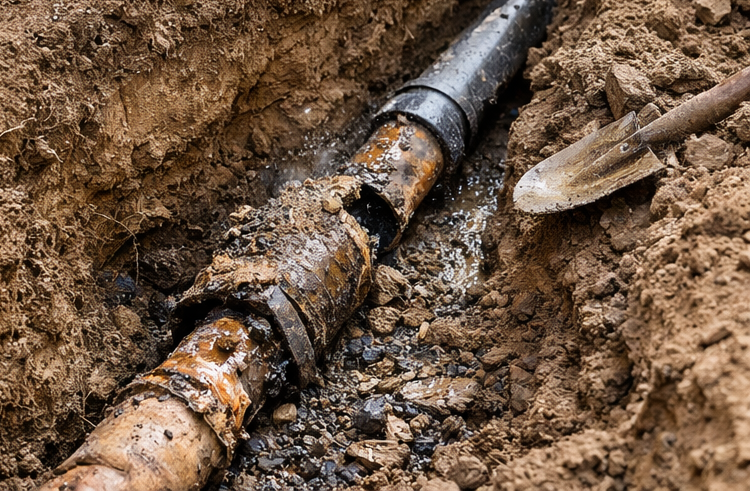 underground sewer pipe repair trench