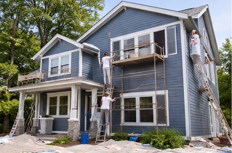 professional painters working on two story house