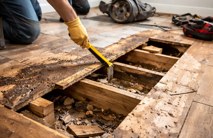 damaged subfloor repair work