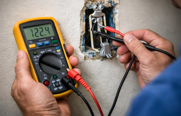 electrician testing wall outlet with multimeter