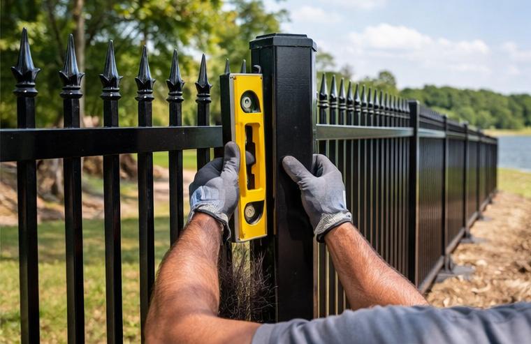 installing black aluminum metal fence post