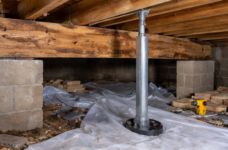 steel support jack post in crawl space