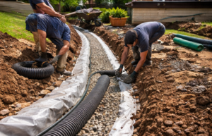French drain installation in residential backyard