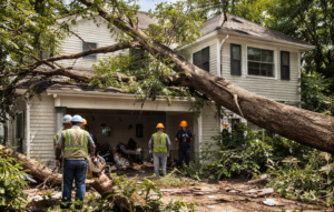 storm damaged house with fallen tree on roof