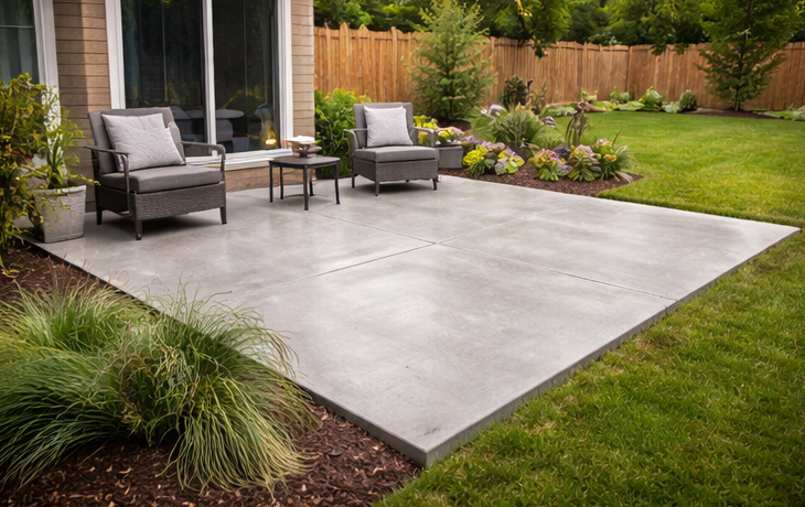 simple concrete patio in suburban backyard