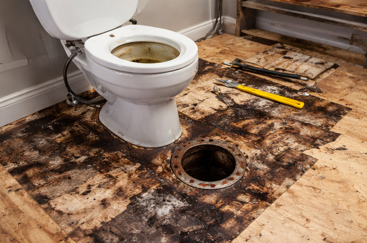 rotted subfloor around toilet base