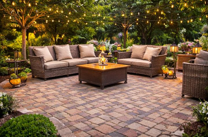 paver patio backyard with outdoor seating and lights