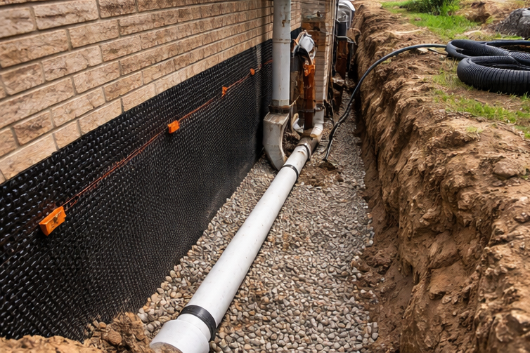 foundation drainage system installation with waterproofing