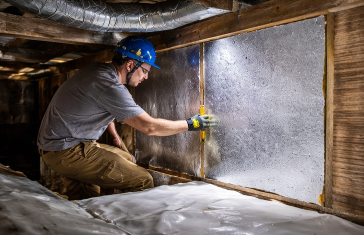 crawl space insulation installation worker