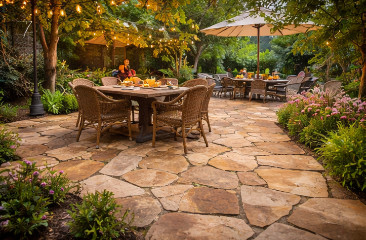 natural stone patio with outdoor dining setup