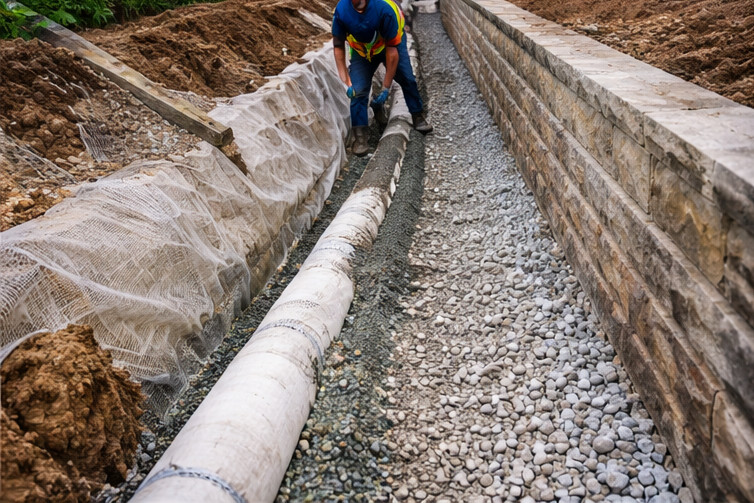 drainage system behind retaining wall