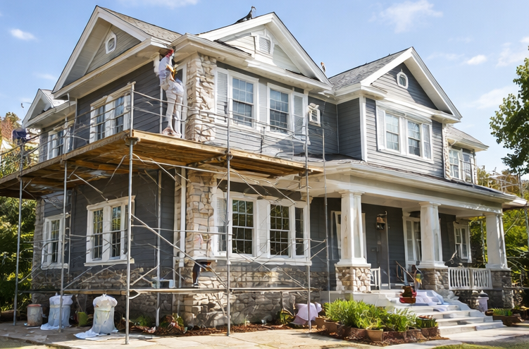 full house exterior repainting with scaffolding