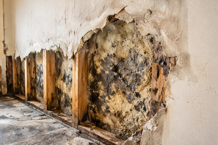 severe drywall water damage mold wall
