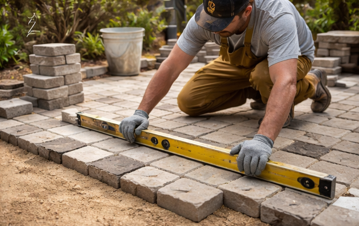 installing paver patio with leveling tool