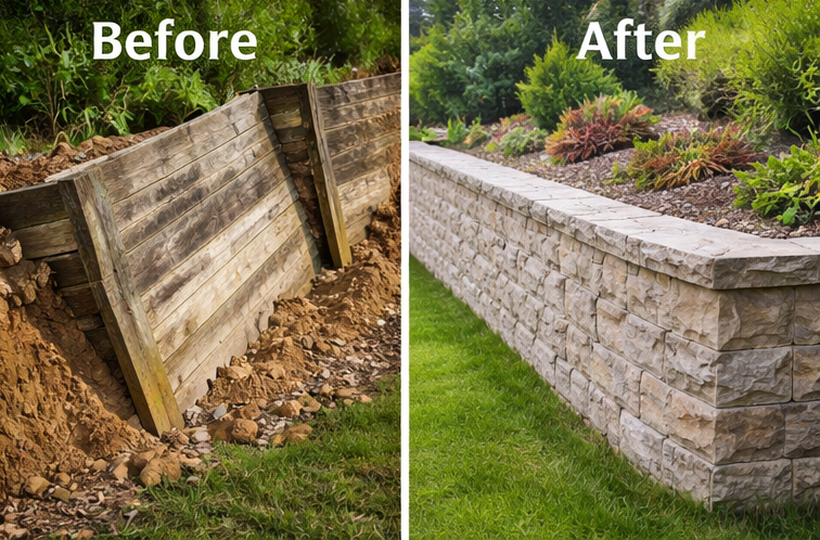 retaining wall before and after