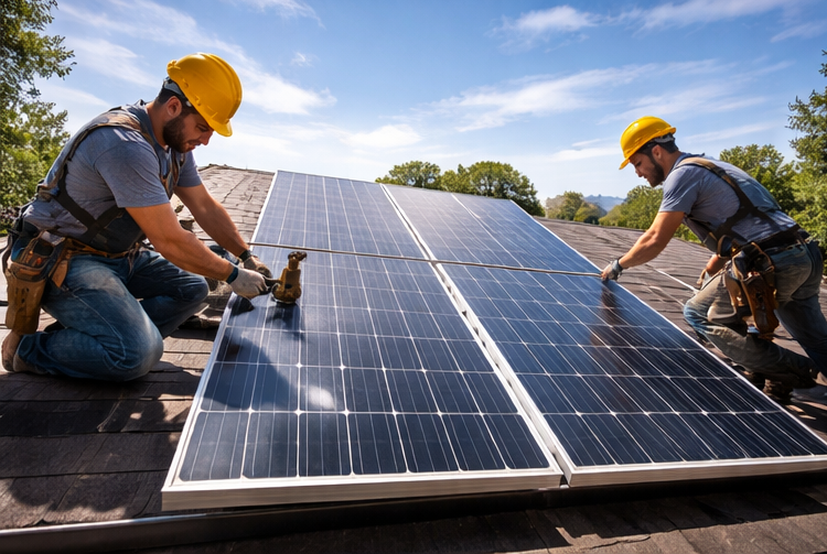 solar panel installation workers on roof